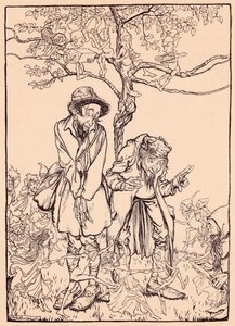 „Když bylo dost ostré, rozhlédl se po cizincích“, ilustrace z „Grimmova pohádka, dárky malého lidu“